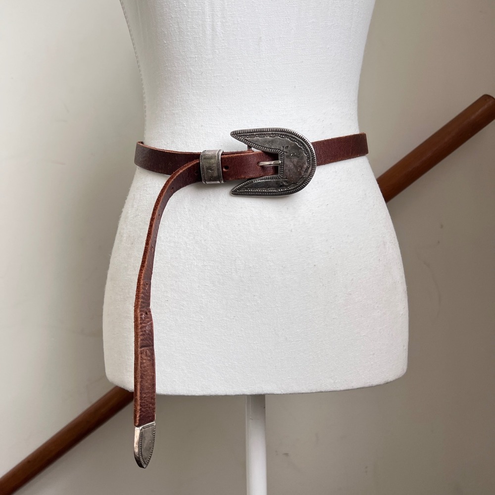 Vintage Banana Republic Safari Brown Leather Belt Western Buckle Size 28 - Picture 4 of 13